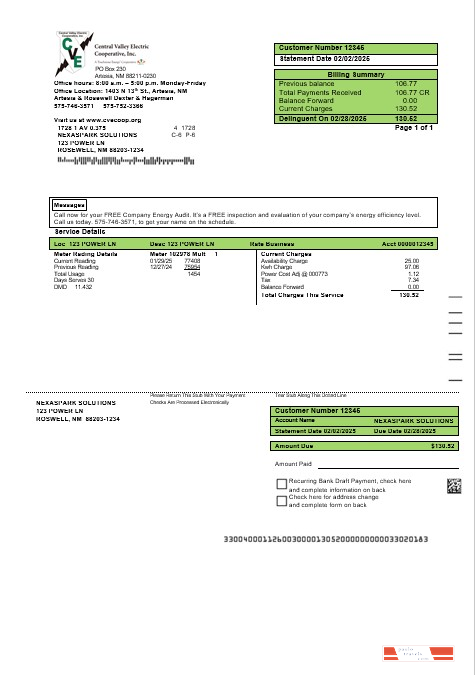 USA New Mexico electricity proof of address business utility bill template in Word and PDF formats